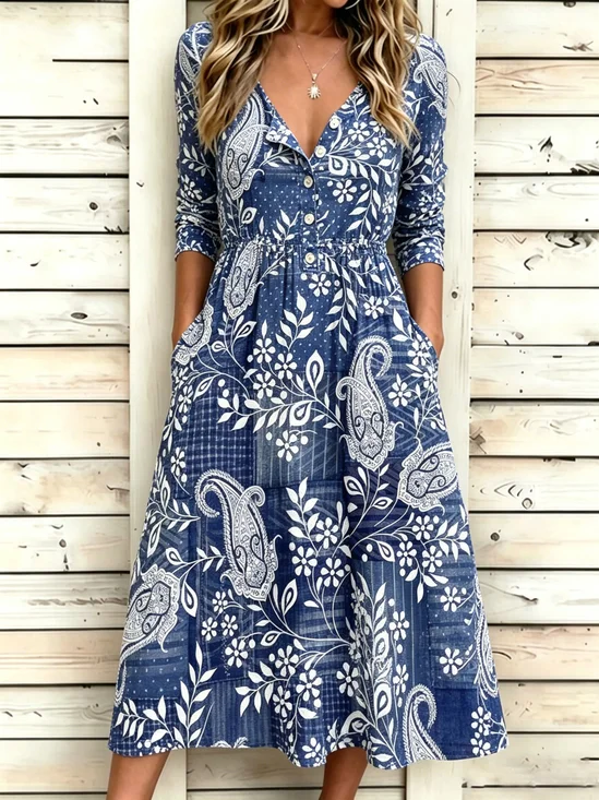 Women Paisley Summer Dress Half Open Collar Half Sleeve Fit & Flare Dress A-Line Dress