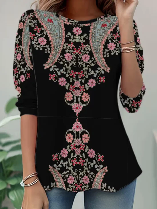 Casual Floral Crew Neck Long Sleeve T-shirt