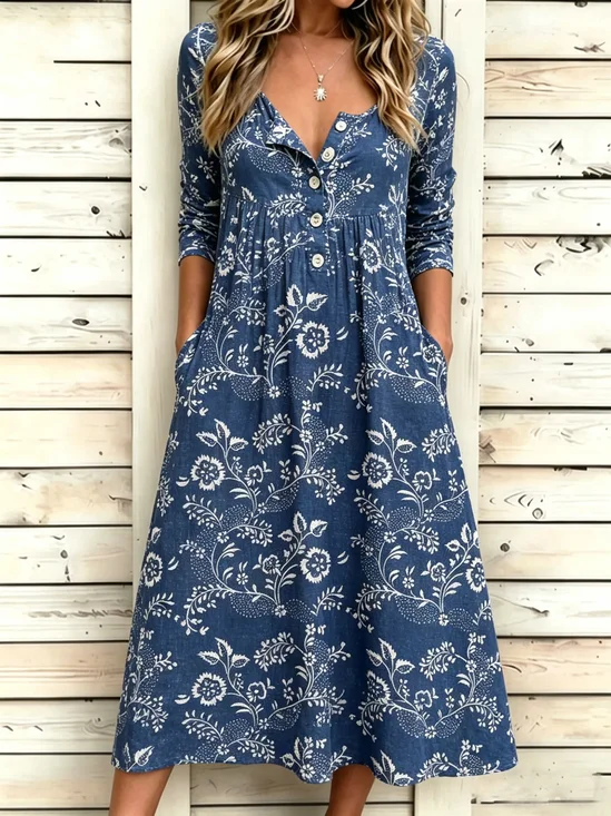 Women Floral Summer Dress Half Open Collar Half Sleeve Fit & Flare Dress A-Line Dress