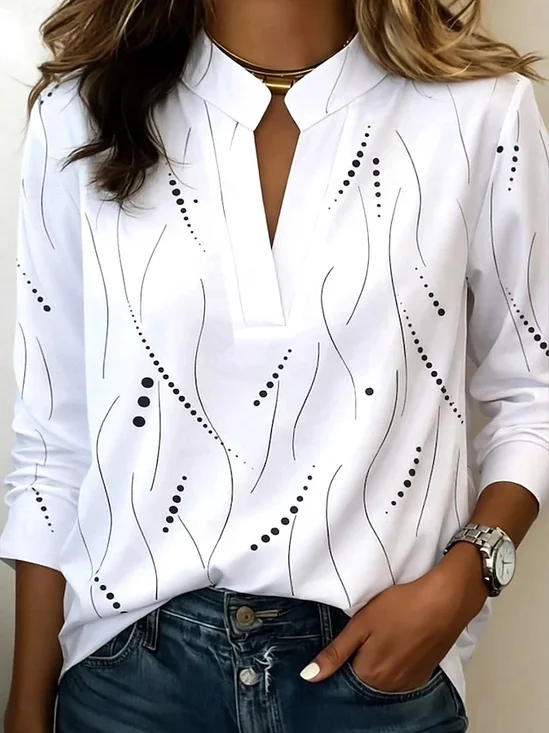 V Neck Long Sleeve Striped Regular Loose Blouse For Women