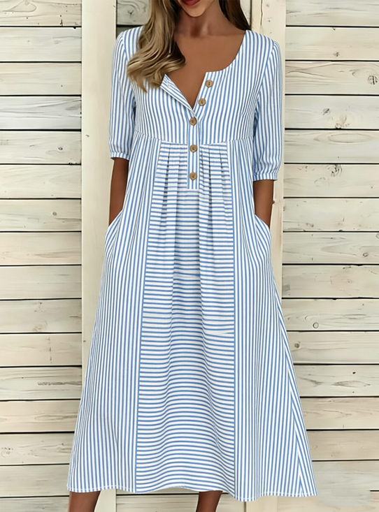 Women Striped Summer Dress Half Open Collar Half Sleeve A-Line Dress