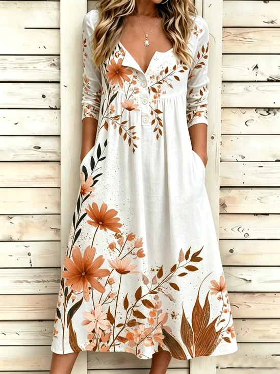 Women Floral Summer Dress Half Open Collar Half Sleeve Fit & Flare Dress A-Line Dress