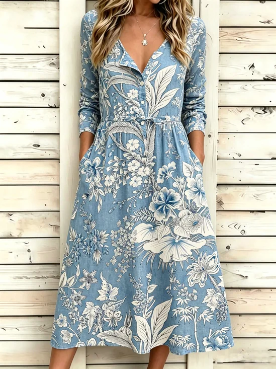 Women Floral Summer Dress Half Open Collar Half Sleeve Fit & Flare Dress A-Line Dress