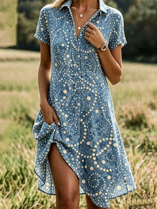 Women Abstract Polka Dots Summer Dress Shirt Collar Short Sleeve A-Line Dress