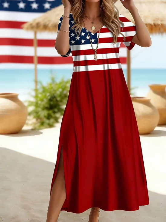 Women Independence Day (Flag) Summer Printing Dress Crew Neck Short Sleeve T-Shirt Dress H-Line Dress