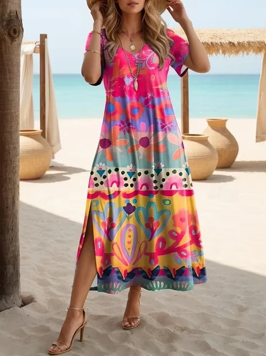 Women Floral Summer Printing
                                    Dress V Neck Short Sleeve X-Line
                                    Dress