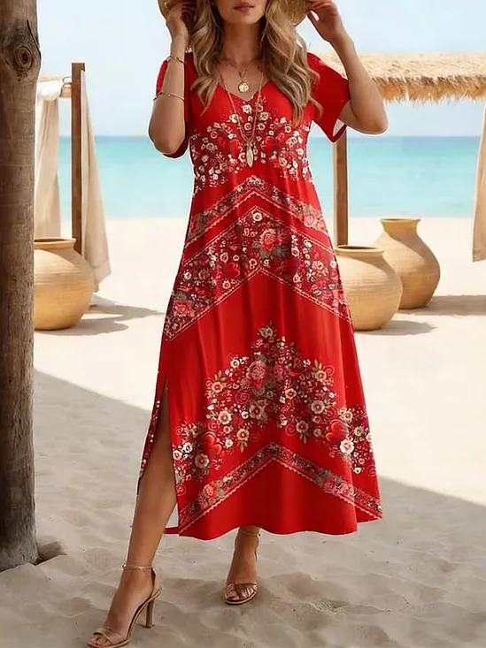 Women Floral Summer Printing
                                    Dress V Neck Short Sleeve X-Line
                                    Dress