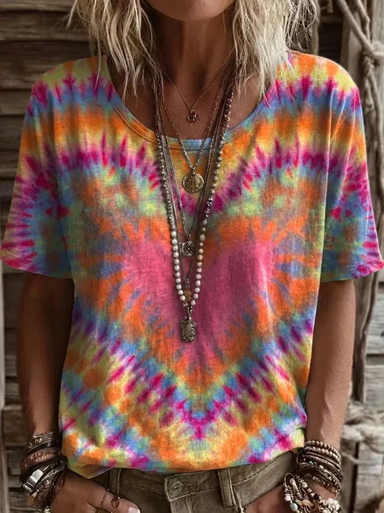 Casual Tie-Dye Pattern Crew Neck Short Sleeve T-shirt