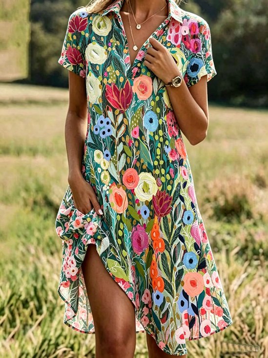 Women Abstract Polka Dots Summer Dress Shirt Collar Short Sleeve A-Line Dress