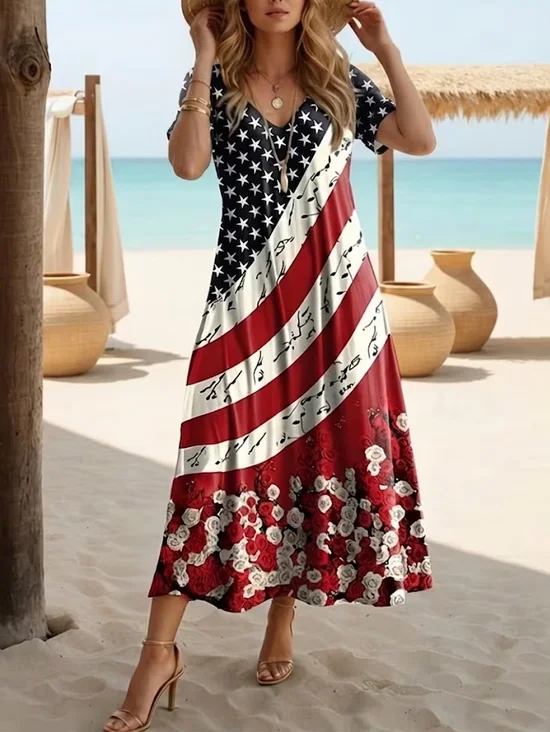 Women Independence Day (Flag) Summer Printing Dress V Neck Short Sleeve X-Line Dress