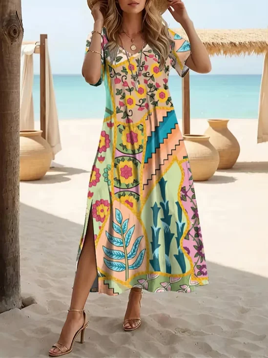 Women Floral Summer Printing
                                    Dress V Neck Short Sleeve X-Line
                                    Dress