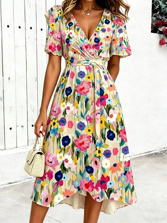Women Floral Summer Dress V
                                    Neck Short Sleeve Fit & Flare
                                    Dress A-Line Dress