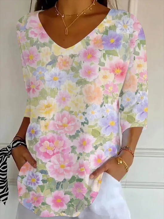 Casual Floral V Neck Three Quarter Sleeve T-shirt