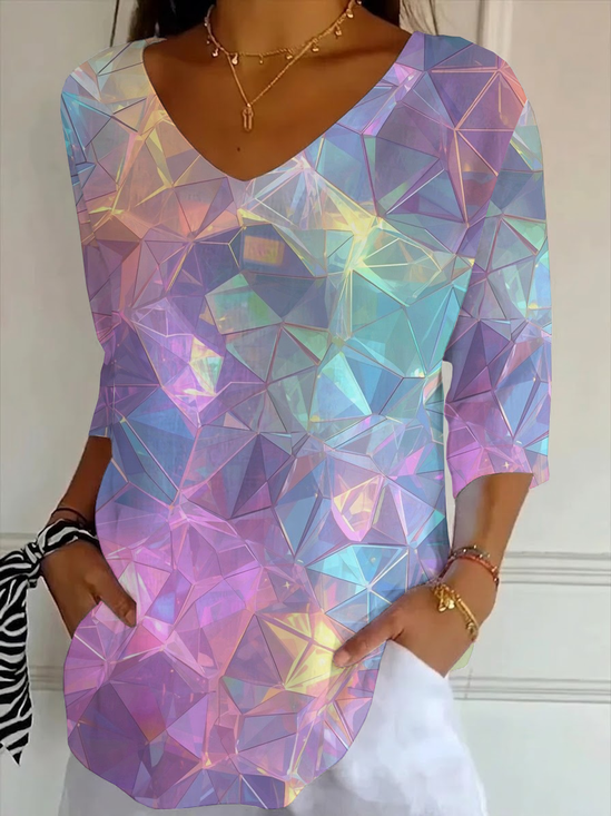 Casual Abstract V Neck Three Quarter Sleeve T-shirt