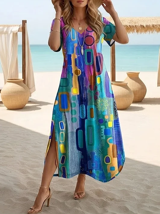 Women Abstract Summer Printing
                                    Dress Crew Neck Short Sleeve T-Shirt
                                    Dress H-Line Dress