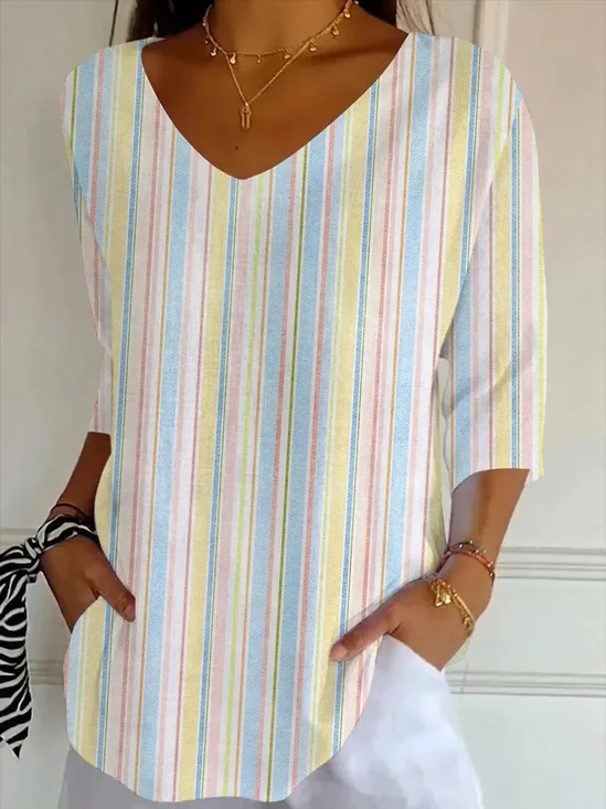 Casual Striped V Neck Three Quarter Sleeve T-shirt