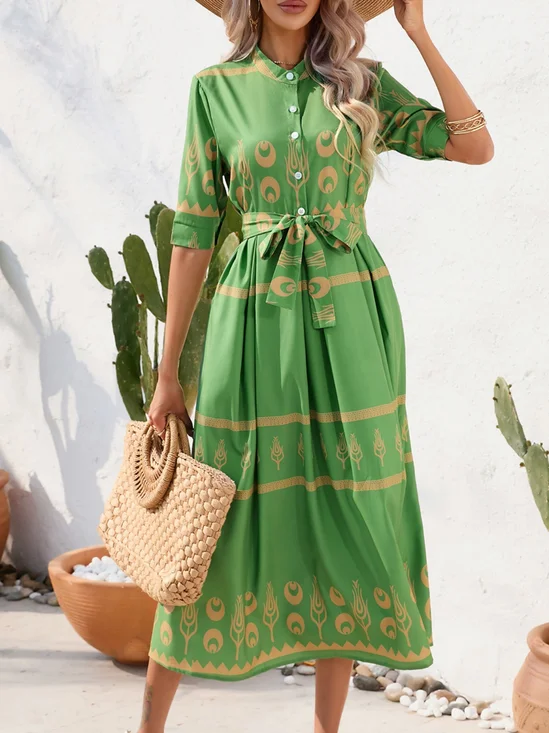 Women Geometric Summer Printing Dress Crew Neck Short Sleeve Shirt Dress A-Line Dress