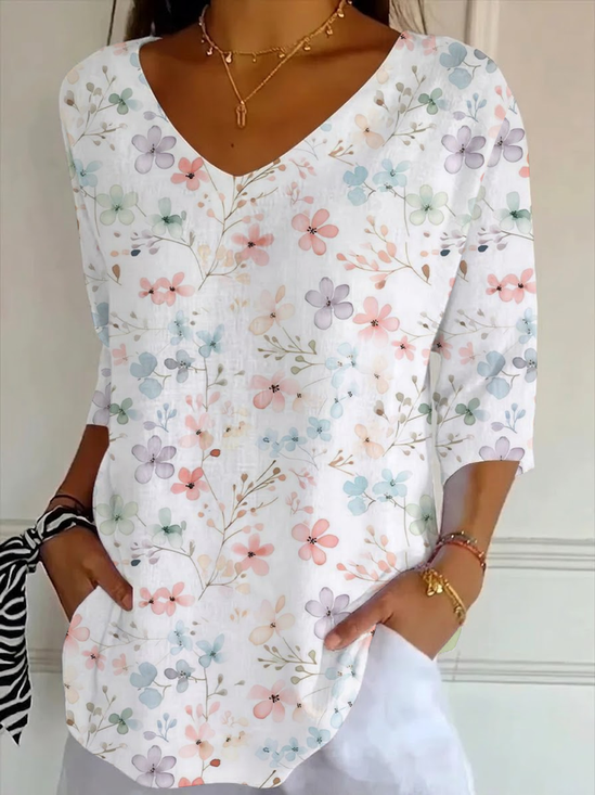 Casual Floral V Neck Three Quarter Sleeve T-shirt