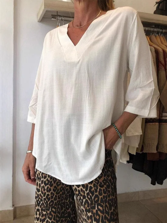 Casual Plain V Neck Three Quarter Sleeve T-shirt