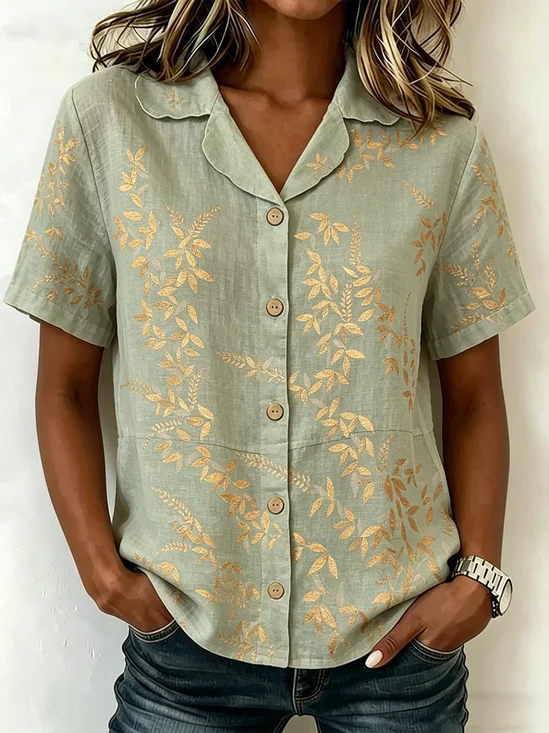 Shawl Collar Short Sleeve Floral Lightweight Loose Shirt For Women