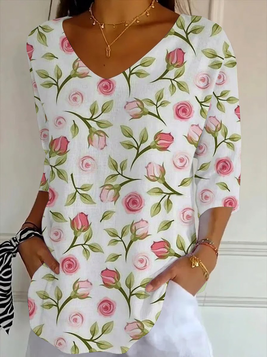 Casual Floral V Neck Three Quarter Sleeve T-shirt