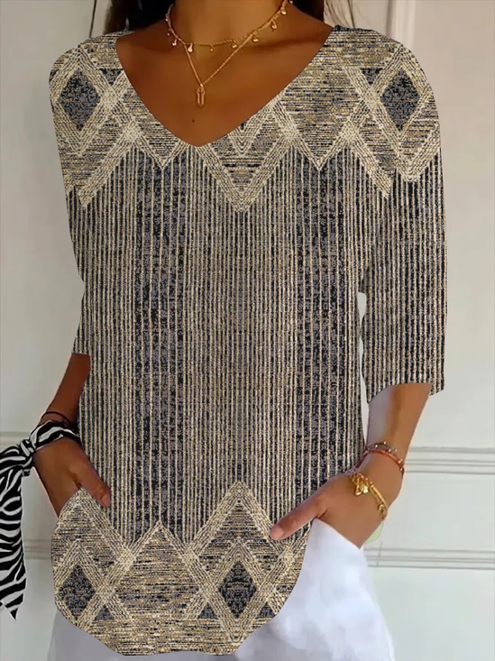 Casual Abstract V Neck Three Quarter Sleeve T-shirt
