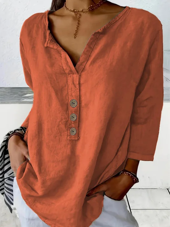V Neck Long Sleeve Plain Regular Loose Shirt For Women