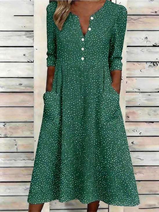 Women Abstract Polka Dots Summer Dress Half Open Collar Half Sleeve A-Line Dress