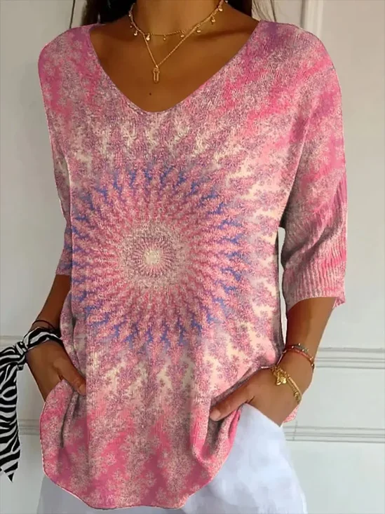 Casual Abstract V Neck Three Quarter Sleeve T-shirt