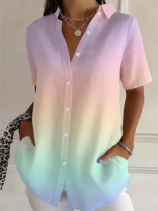 Shirt Collar Short Sleeve Ombre Printing Regular Micro-Elasticity Loose Button Up Shirt Shirt For Women