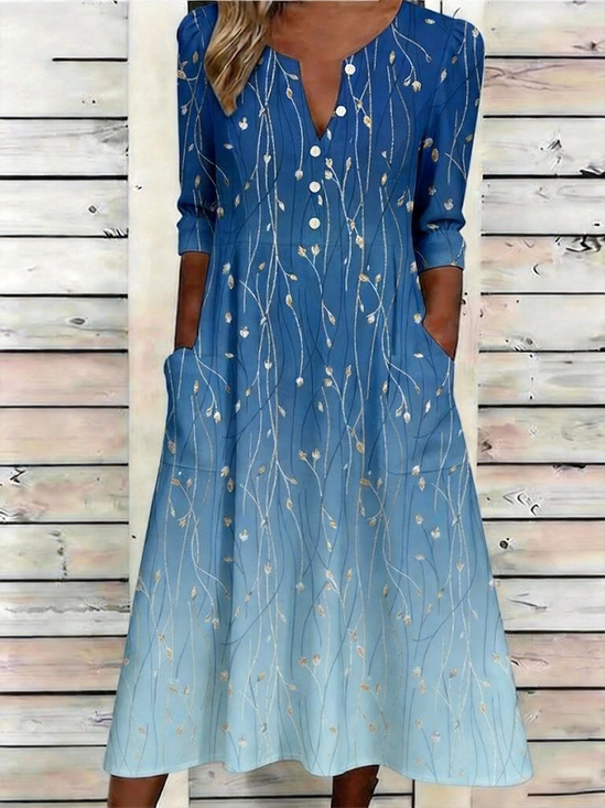 Women Floral Summer Dress Half Open Collar Half Sleeve A-Line Dress