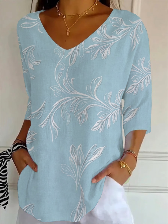 Casual Floral V Neck Three Quarter Sleeve T-shirt