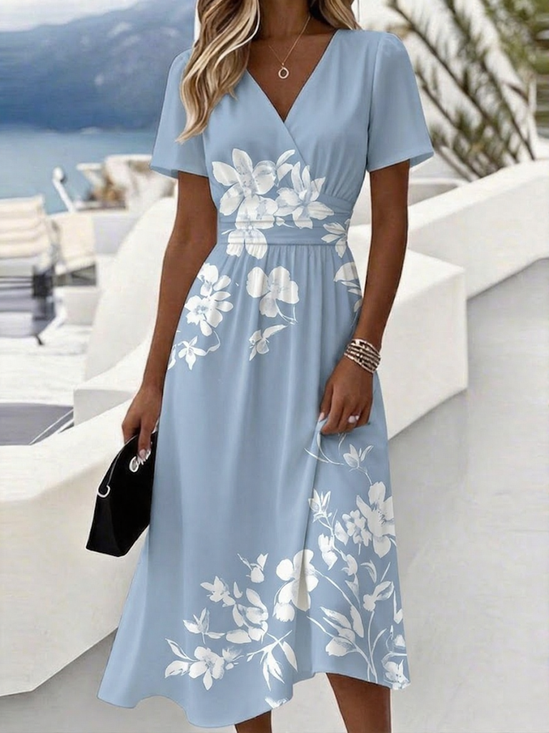 Women Floral Summer Dress V Neck Short Sleeve Beach Dress A-Line Dress