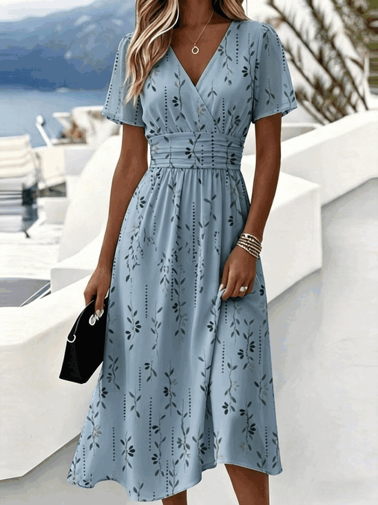 Women Leaf Summer Dress V Neck Short Sleeve Beach Dress A-Line Dress