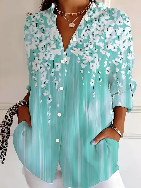 Shirt Collar Regular Sleeve Long Sleeve Floral Buckle Regular Loose Button Up Shirt Shirt For Women