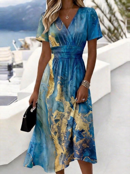 Women Chevron Summer Dress V Neck Short Sleeve Beach Dress A-Line Dress