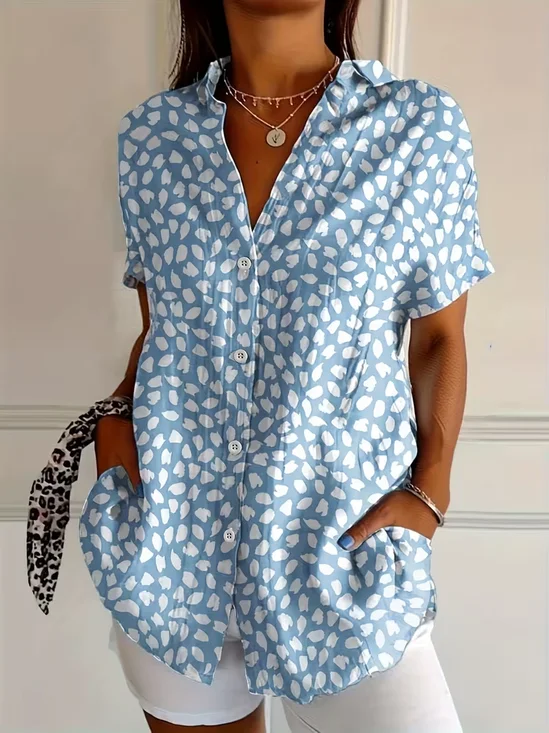 Shirt Collar Short Sleeve Abstract Printing Regular Micro-Elasticity Loose Button Up Shirt Shirt For Women