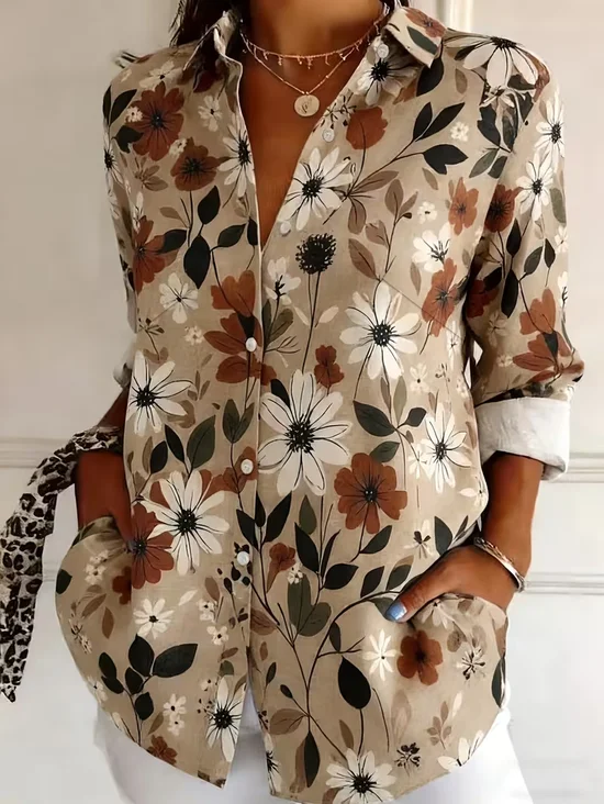 Shirt Collar Regular Sleeve Long Sleeve Floral Buckle Regular Loose Button Up Shirt Shirt For Women