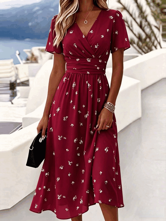 Women Floral Summer Dress V
                                    Neck Short Sleeve Beach Dress A-Line
                                    Dress