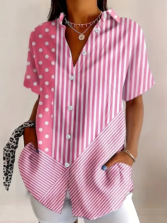 Shirt Collar Short Sleeve Striped Printing Regular Micro-Elasticity Loose Button Up Shirt Shirt For Women