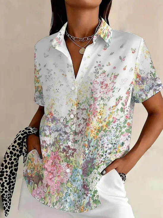 Shirt Collar Short Sleeve Floral Printing Regular Micro-Elasticity Loose Button Up Shirt Shirt For Women