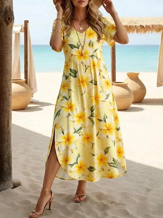 Women Floral Summer Printing
                                    Dress Crew Neck Short Sleeve T-Shirt
                                    Dress H-Line Dress