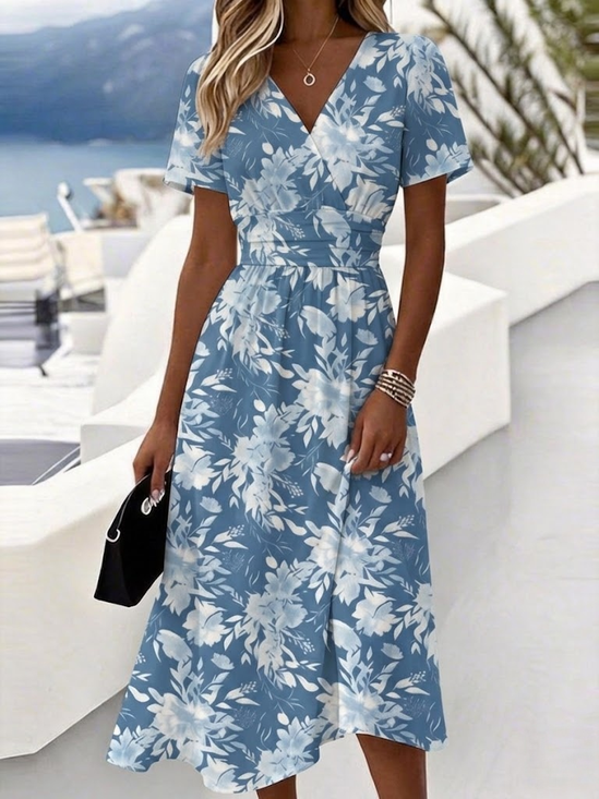 Women Floral Summer Dress V
                                    Neck Short Sleeve Beach Dress A-Line
                                    Dress