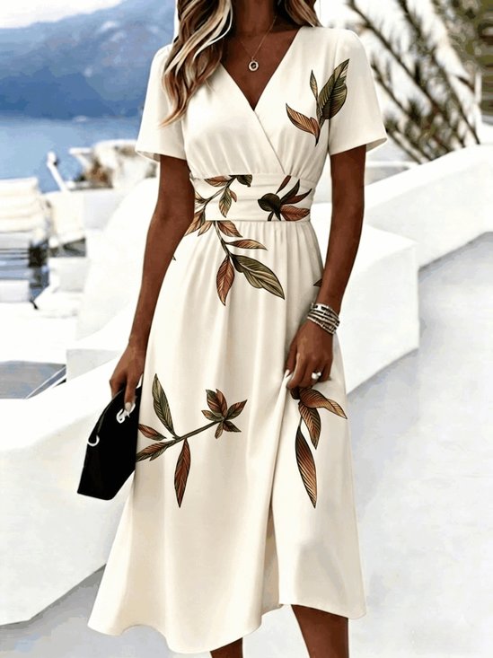 Women Botanical Pattern Summer Dress V Neck Short Sleeve Beach Dress A-Line Dress