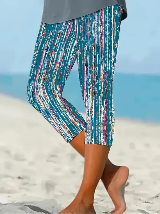 Women Abstract Capris Elastic Waist Pants Casual Summer Trousers