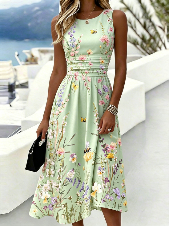 Women Floral Summer Dress Crew
                                    Neck Sleeveless A-Line Dress
