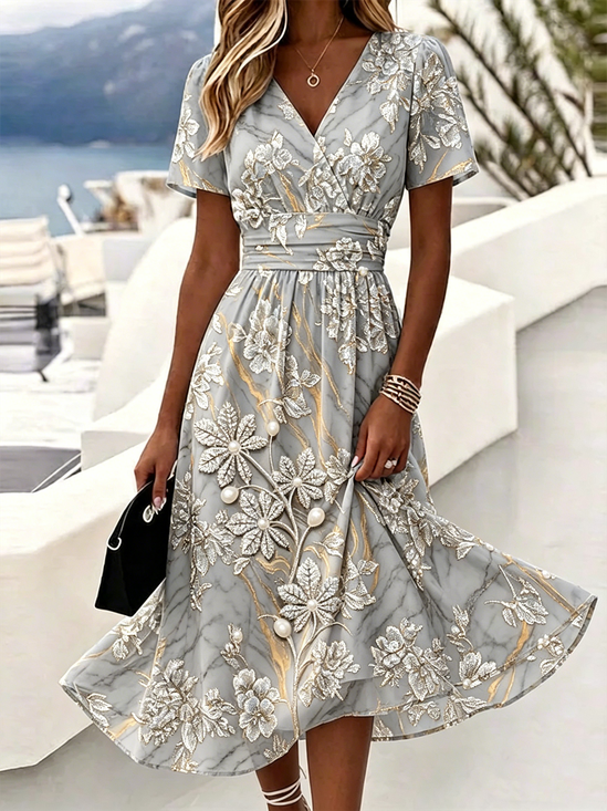 Women Floral Summer Dress V Neck Short Sleeve Beach Dress A-Line Dress