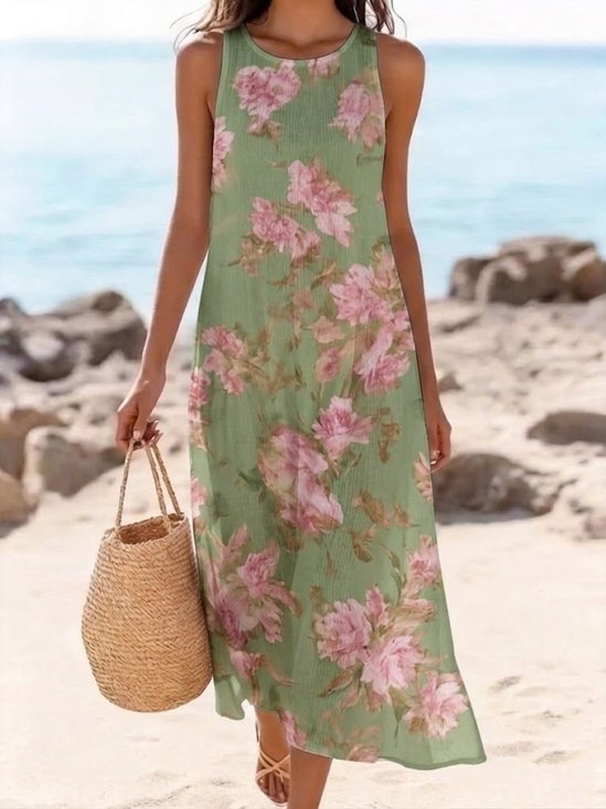 Women Floral Summer Dress Crew
                                    Neck Sleeveless A-Line Dress
