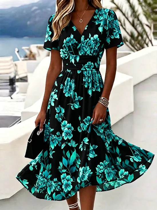 Women Floral Summer Dress V
                                    Neck Short Sleeve Beach Dress A-Line
                                    Dress