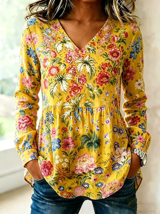V Neck Long Sleeve Floral Regular Loose Shirt For Women